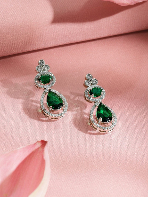 Rubans Rhodium-Plated Emerald Green & Cubic Zirconia Stones Pendent and Green Beaded Necklace Set Jewellery Set