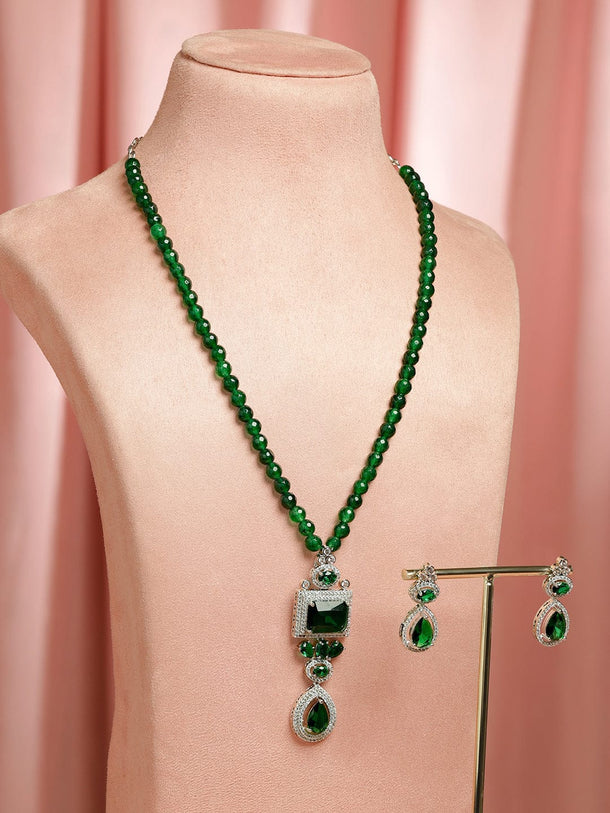 Rubans Rhodium-Plated Emerald Green & Cubic Zirconia Stones Pendent and Green Beaded Necklace Set Jewellery Set