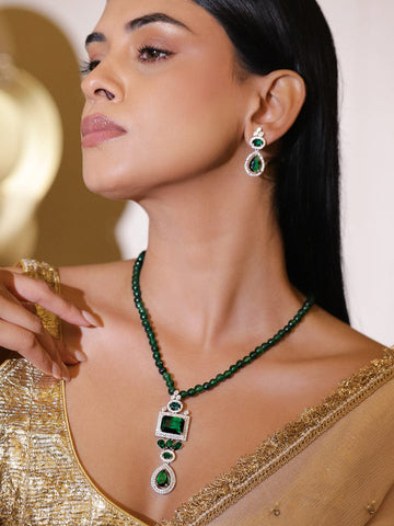 Rubans Rhodium-Plated Emerald Green & Cubic Zirconia Stones Pendent and Green Beaded Necklace Set Necklaces, Necklace Sets