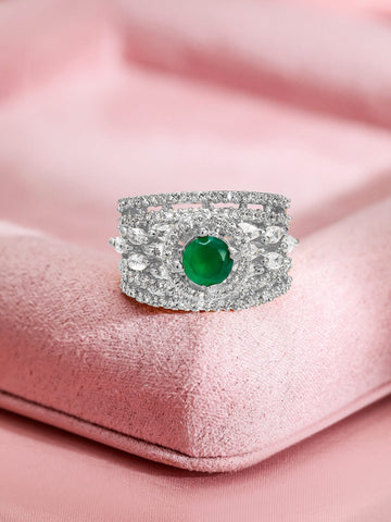Rubans Rhodium Plated Emerald Green & Cubic Zirconia Studded Adjustable Finger Ring Finger Rings