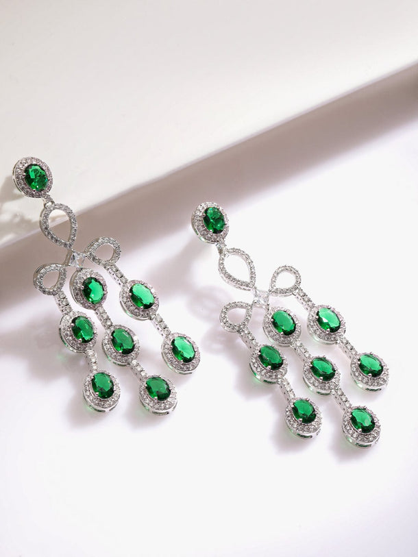 Rubans Rhodium Plated Emerald Green & Cubic Zirconia Studded Chandelier Earrings Earrings