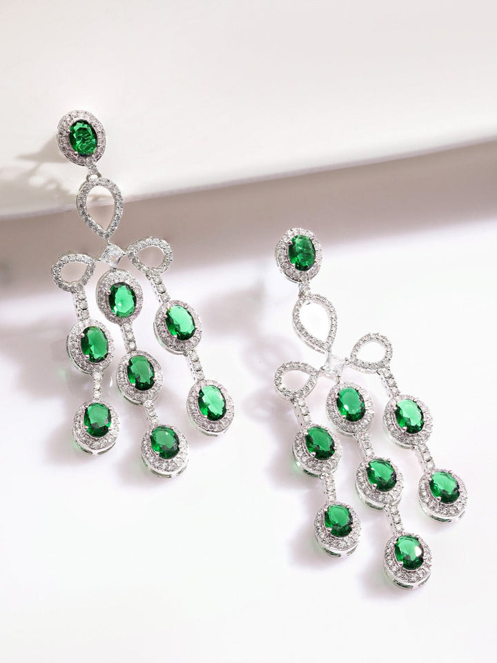 Rubans Rhodium Plated Emerald Green & Cubic Zirconia Studded Chandelier Earrings Earrings