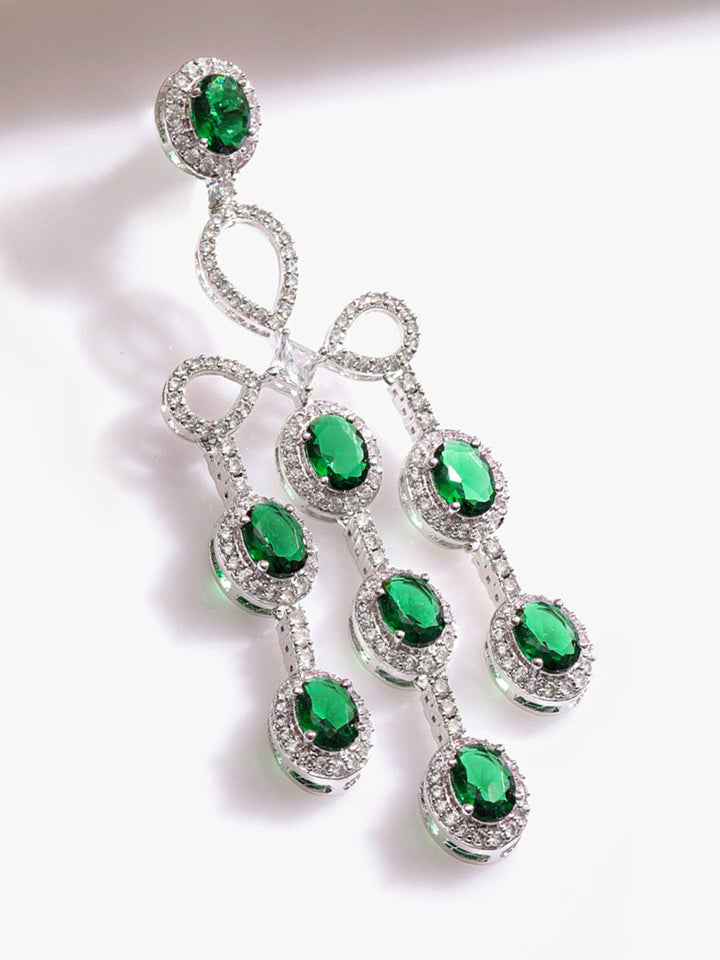 Rubans Rhodium Plated Emerald Green & Cubic Zirconia Studded Chandelier Earrings Earrings