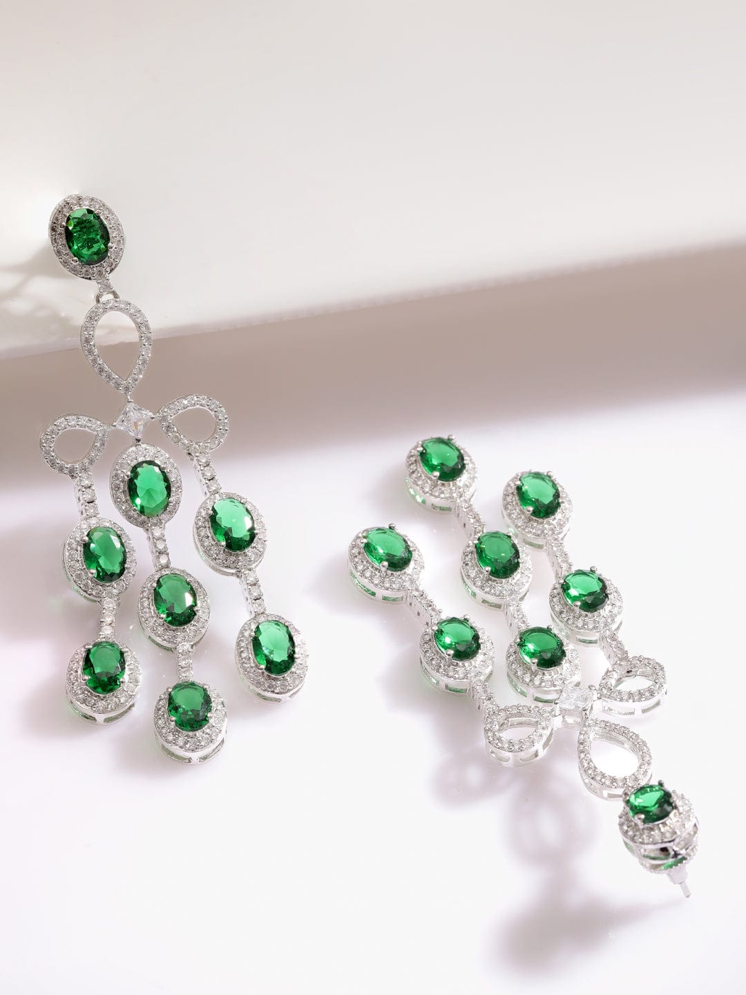 Rubans Rhodium Plated Emerald Green & Cubic Zirconia Studded Chandelier Earrings Earrings