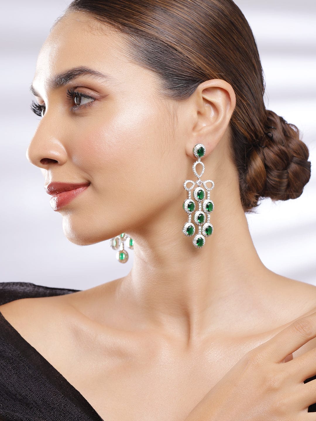 Rubans Rhodium Plated Emerald Green & Cubic Zirconia Studded Chandelier Earrings Earrings