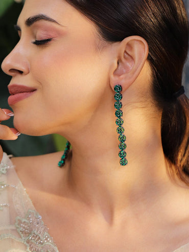 Rubans Rhodium-Plated Emerald Green Cubic Zirconia Studded Drop Earrings Earrings