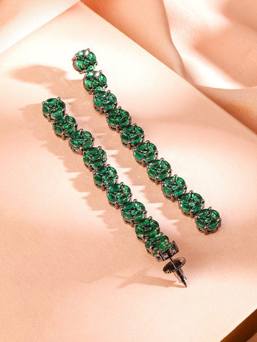 Rubans Rhodium-Plated Emerald Green Cubic Zirconia Studded Drop Earrings Earrings