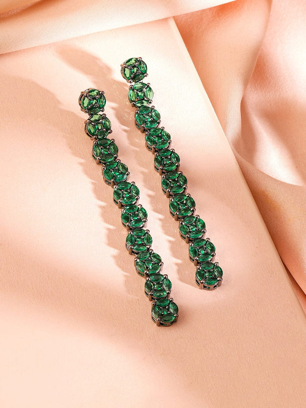 Rubans Rhodium-Plated Emerald Green Cubic Zirconia Studded Drop Earrings Earrings