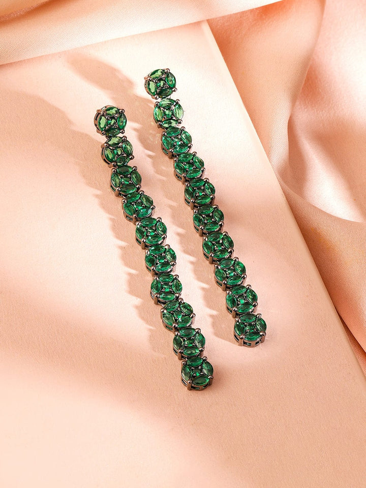 Rubans Rhodium-Plated Emerald Green Cubic Zirconia Studded Drop Earrings Earrings