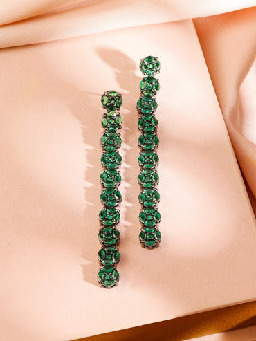 Rubans Rhodium-Plated Emerald Green Cubic Zirconia Studded Drop Earrings Earrings