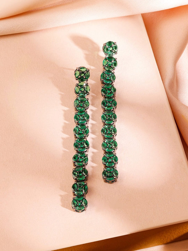 Rubans Rhodium-Plated Emerald Green Cubic Zirconia Studded Drop Earrings Earrings
