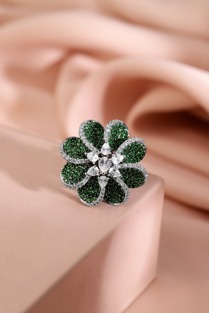 Rubans Rhodium Plated Emerald Green & Cubic Zirconia Studded Floral Adjustable Finger Ring Rings