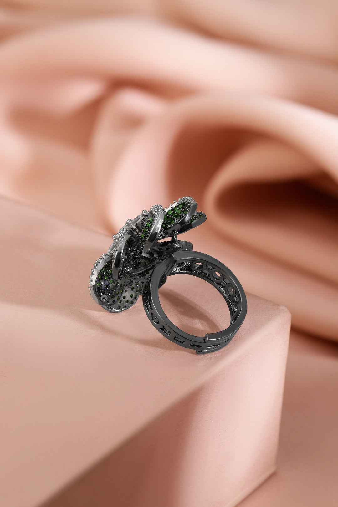 Rubans Rhodium Plated Emerald Green & Cubic Zirconia Studded Floral Adjustable Finger Ring Rings