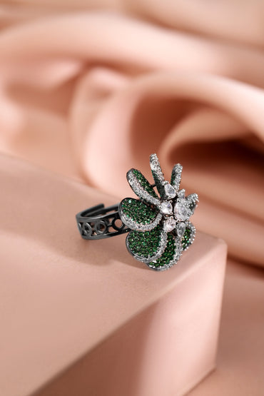 Rubans Rhodium Plated Emerald Green & Cubic Zirconia Studded Floral Adjustable Finger Ring Rings