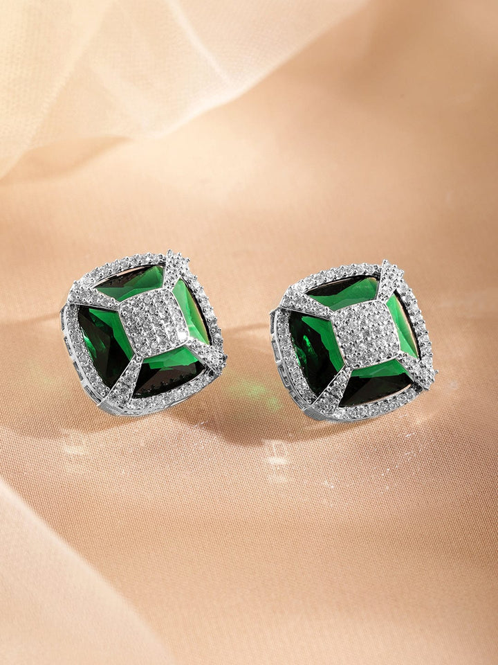 Rubans Rhodium-Plated Emerald Green & Cubic Zirconia Studded Geometric Stud Earrings Stud Earrings