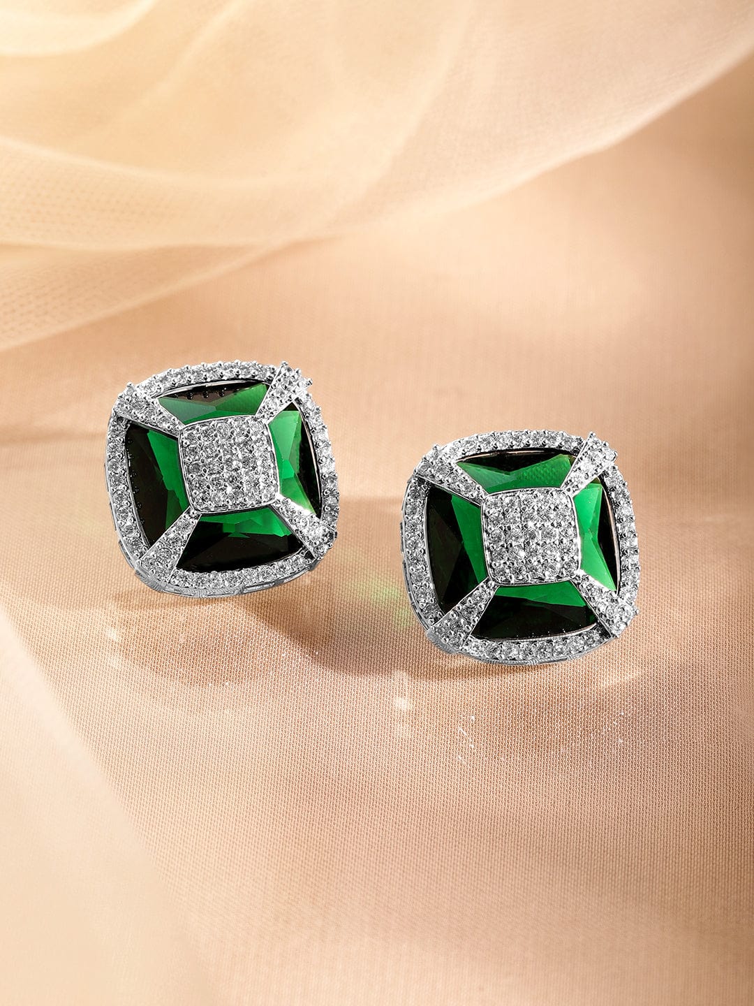 Rubans Rhodium-Plated Emerald Green & Cubic Zirconia Studded Geometric Stud Earrings Stud Earrings