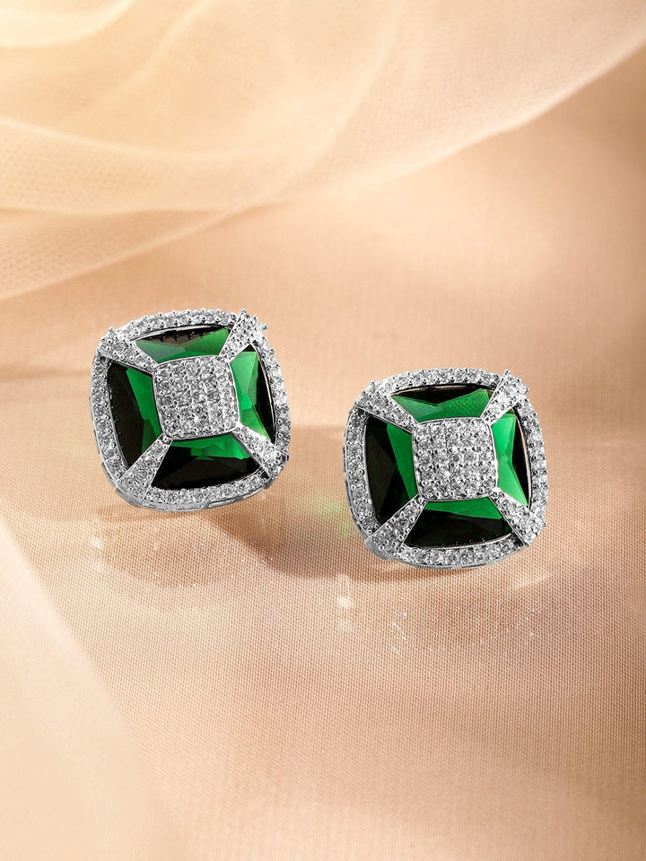 Rubans Rhodium-Plated Emerald Green & Cubic Zirconia Studded Geometric Stud Earrings Stud Earrings