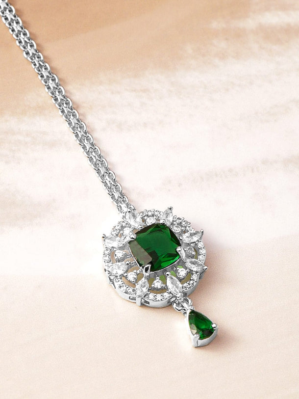 Rubans Rhodium-Plated Emerald Green & Cubic Zirconia Studded Maang Tikka Head Jewellery