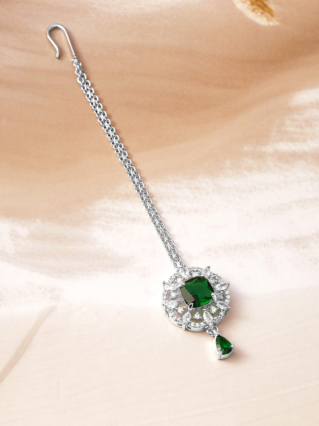 Rubans Rhodium-Plated Emerald Green & Cubic Zirconia Studded Maang Tikka Head Jewellery