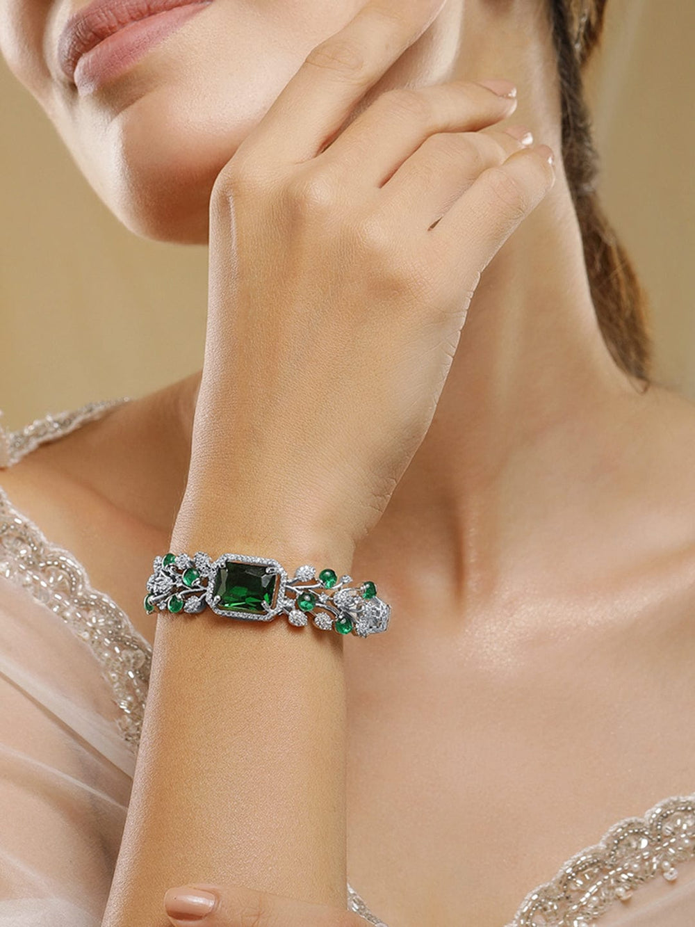 Rubans Rhodium-Plated Emerald Green & Cubic Zirconia Studded Premium Bracelet Bracelet