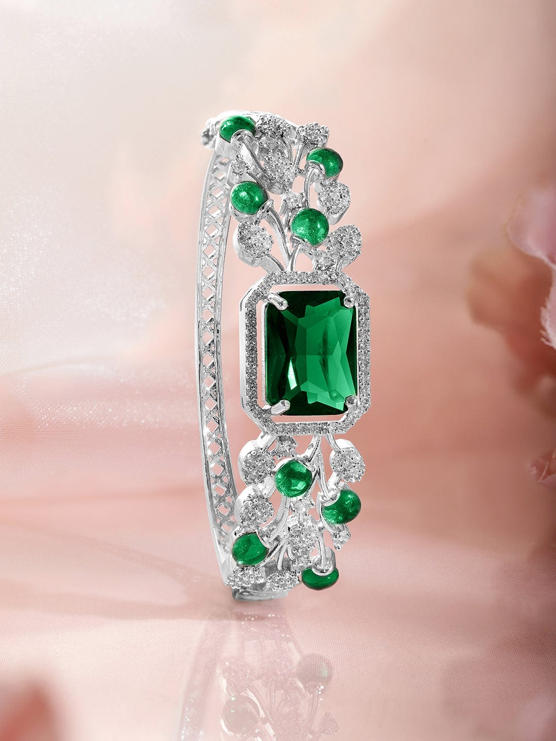 Rubans Rhodium-Plated Emerald Green & Cubic Zirconia Studded Premium Bracelet Bracelet