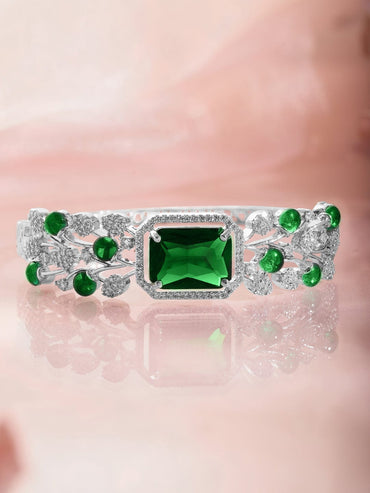 Rubans Rhodium-Plated Emerald Green & Cubic Zirconia Studded Premium Bracelet Wristwear