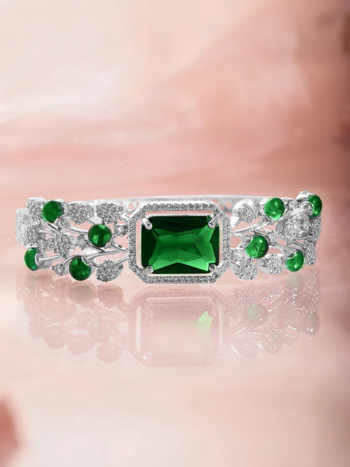 Rubans Rhodium-Plated Emerald Green & Cubic Zirconia Studded Premium Bracelet Wristwear