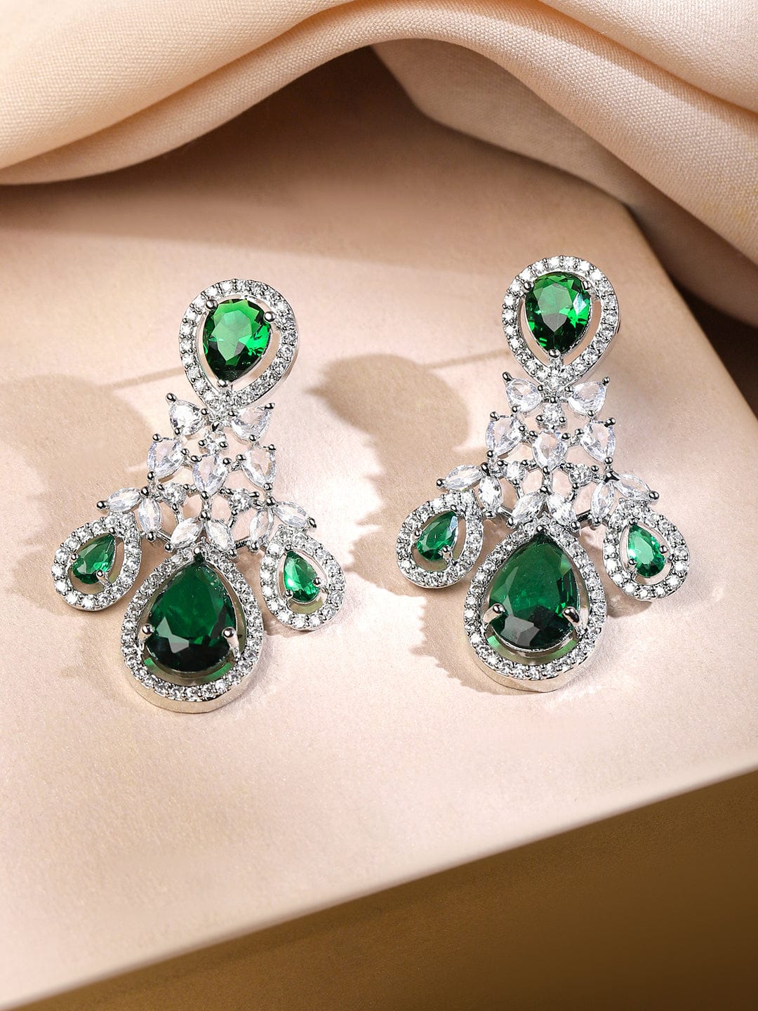 Rubans Rhodium-Plated Emerald Green & Cubic Zirconia Studded Premium Chandelier Necklace Set Jewellery Set