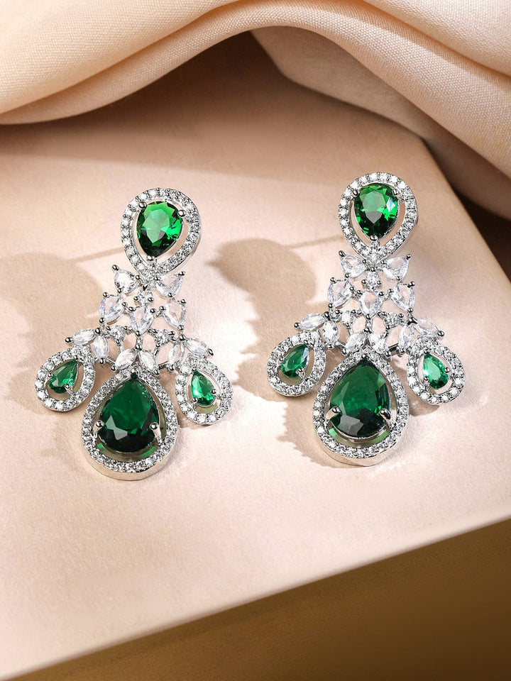 Rubans Rhodium-Plated Emerald Green & Cubic Zirconia Studded Premium Chandelier Necklace Set Jewellery Set