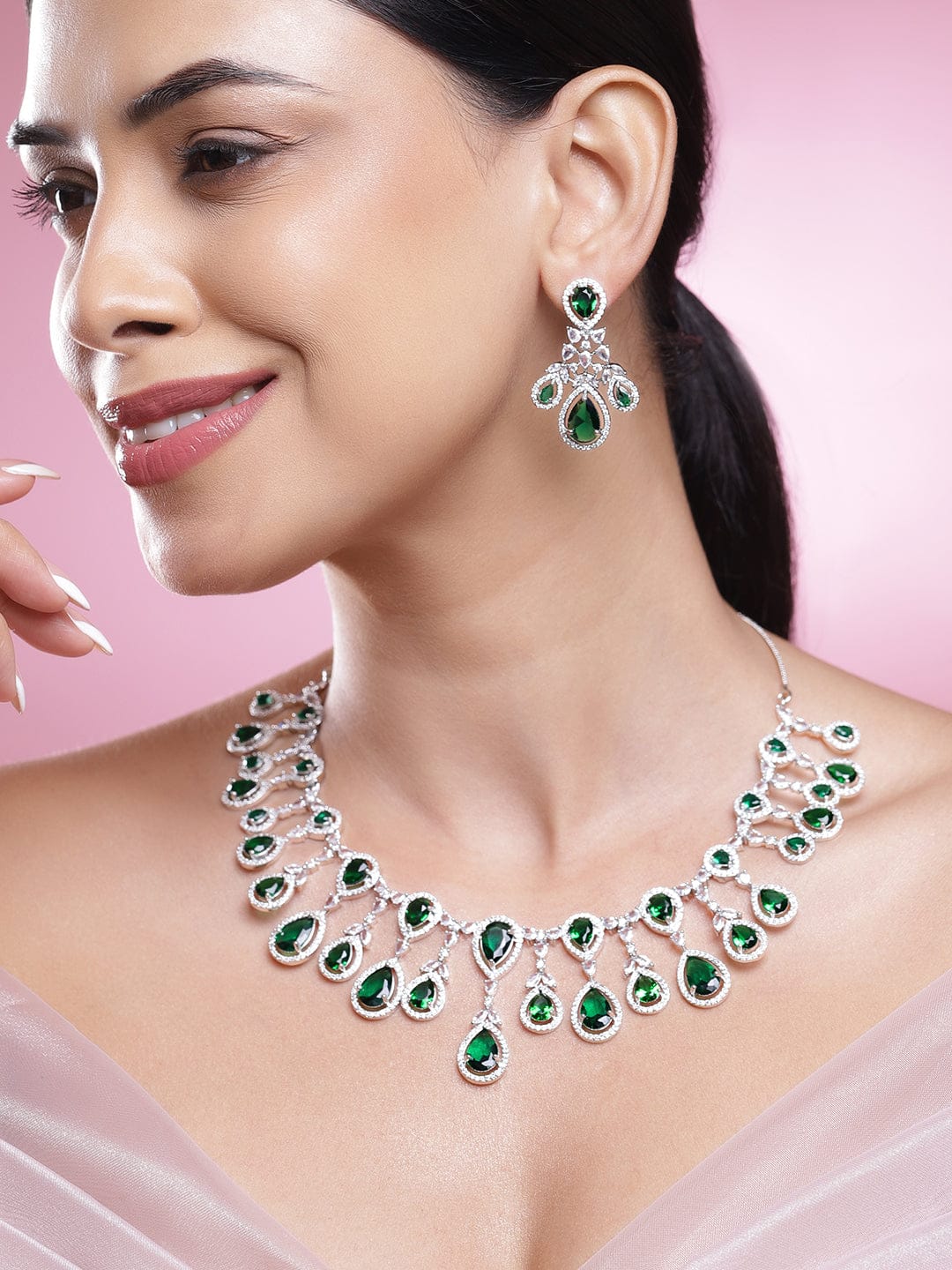 Rubans Rhodium-Plated Emerald Green & Cubic Zirconia Studded Premium Chandelier Necklace Set Jewellery Set