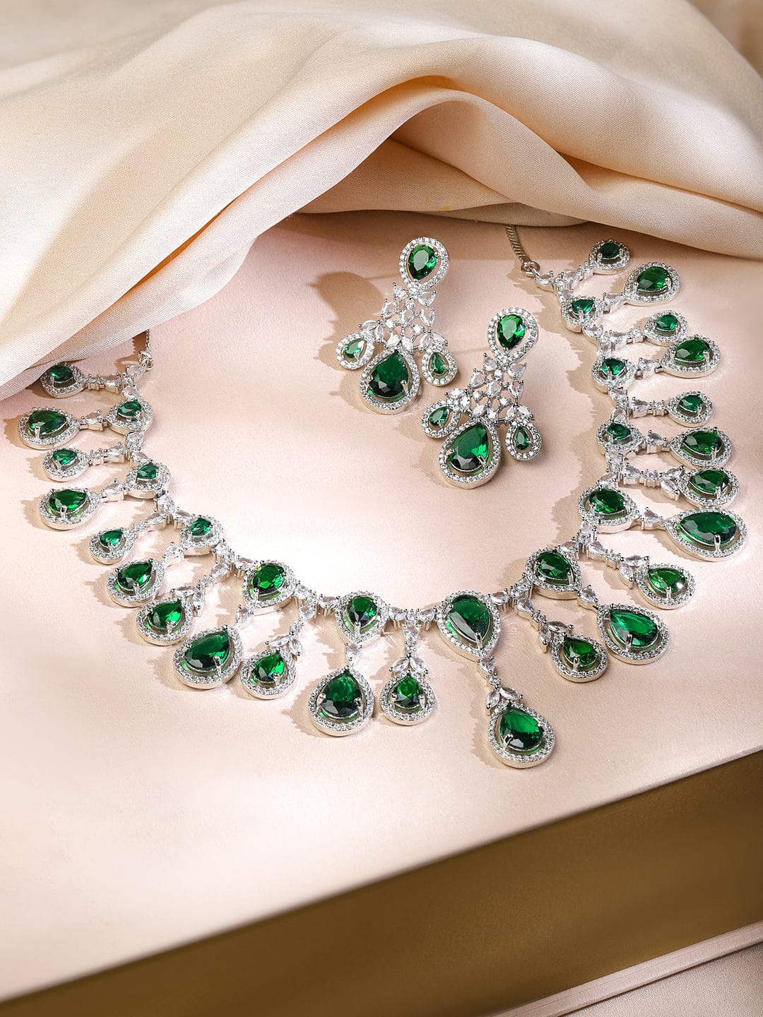 Rubans Rhodium-Plated Emerald Green & Cubic Zirconia Studded Premium Chandelier Necklace Set Jewellery Set
