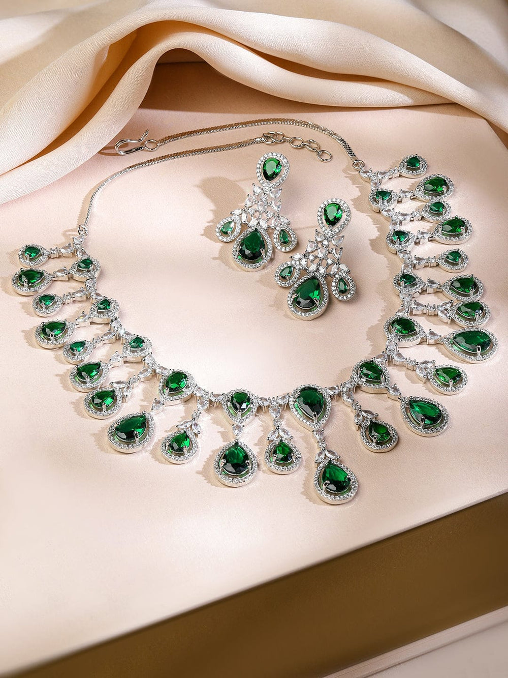 Rubans Rhodium-Plated Emerald Green & Cubic Zirconia Studded Premium Chandelier Necklace Set Jewellery Set