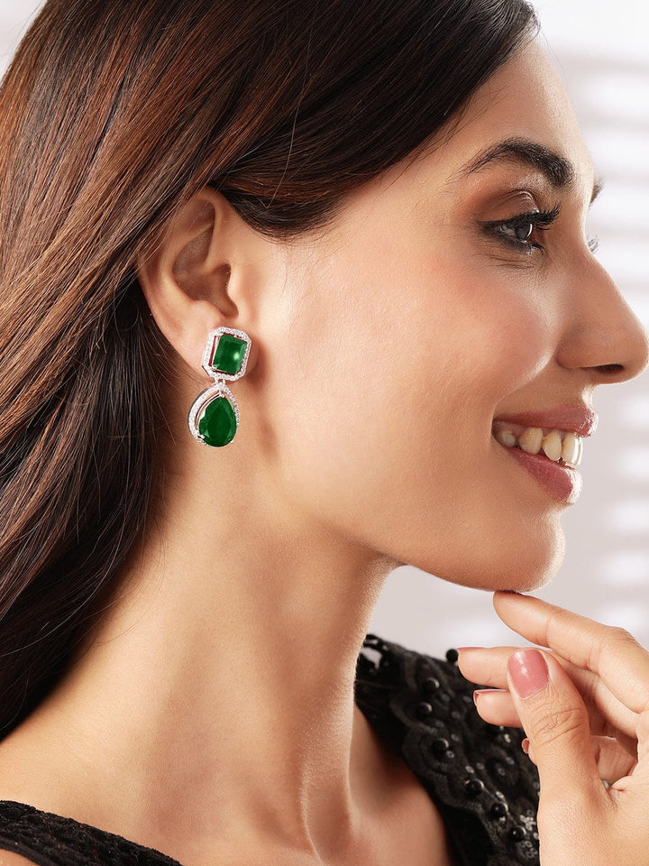 Rubans Rhodium-Plated Emerald Green & Cubic Zirconia Studded Premium Drop Earrings Earrings