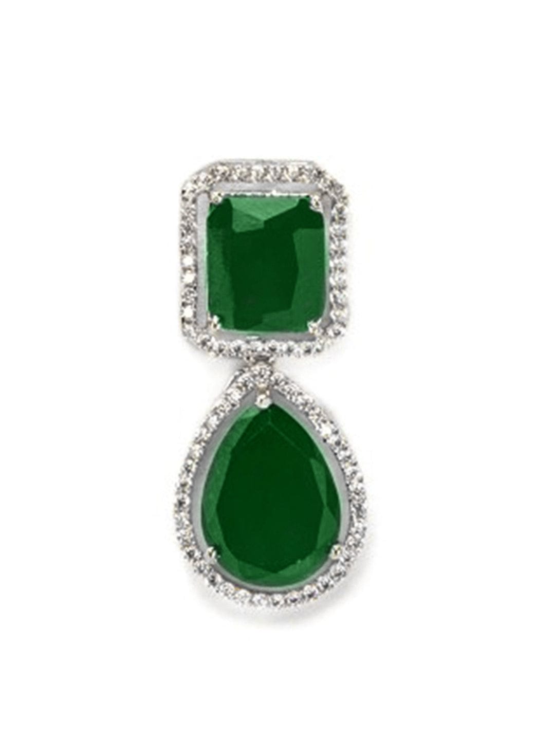 Rubans Rhodium-Plated Emerald Green & Cubic Zirconia Studded Premium Drop Earrings Earrings