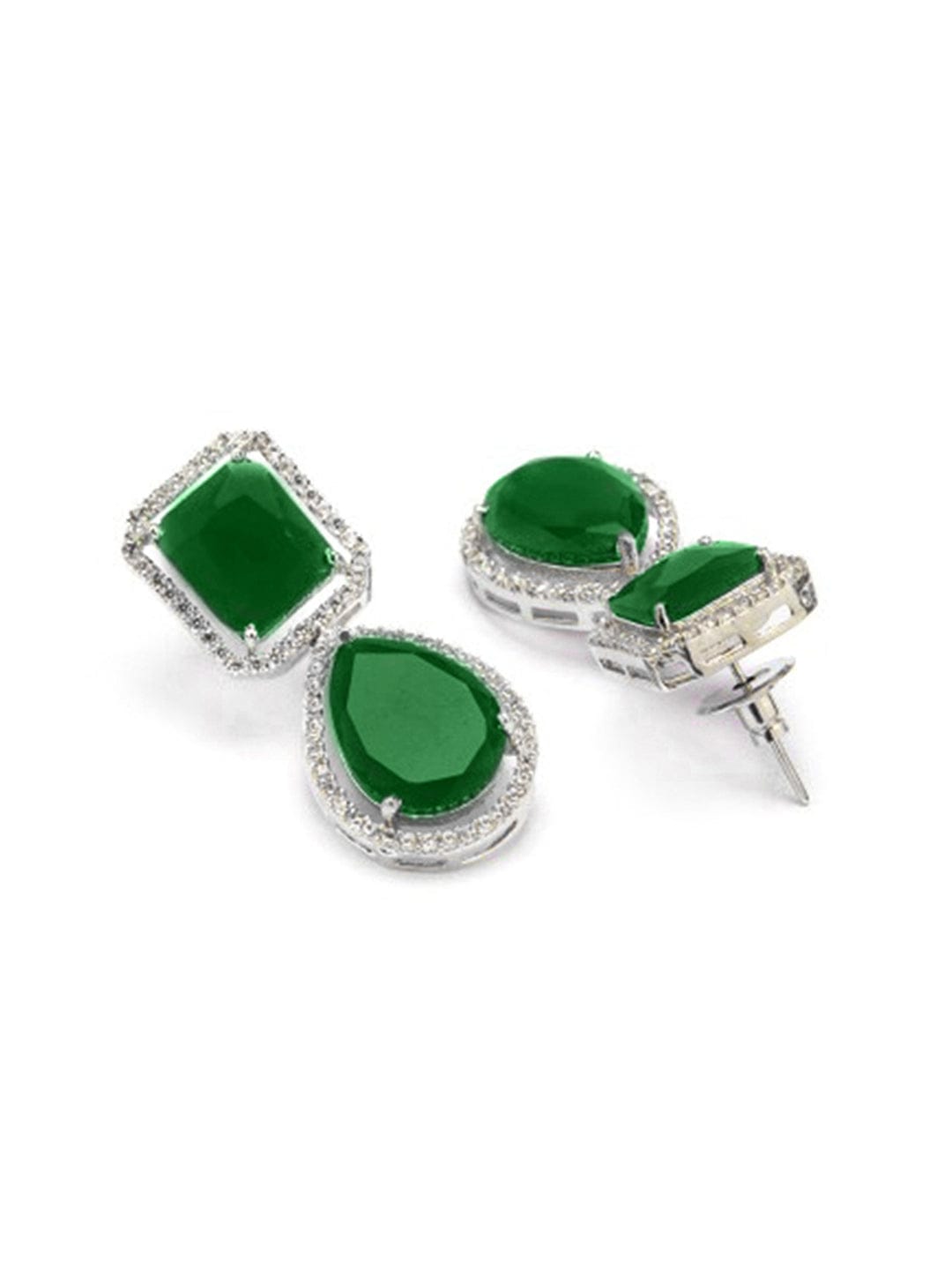 Rubans Rhodium-Plated Emerald Green & Cubic Zirconia Studded Premium Drop Earrings Earrings