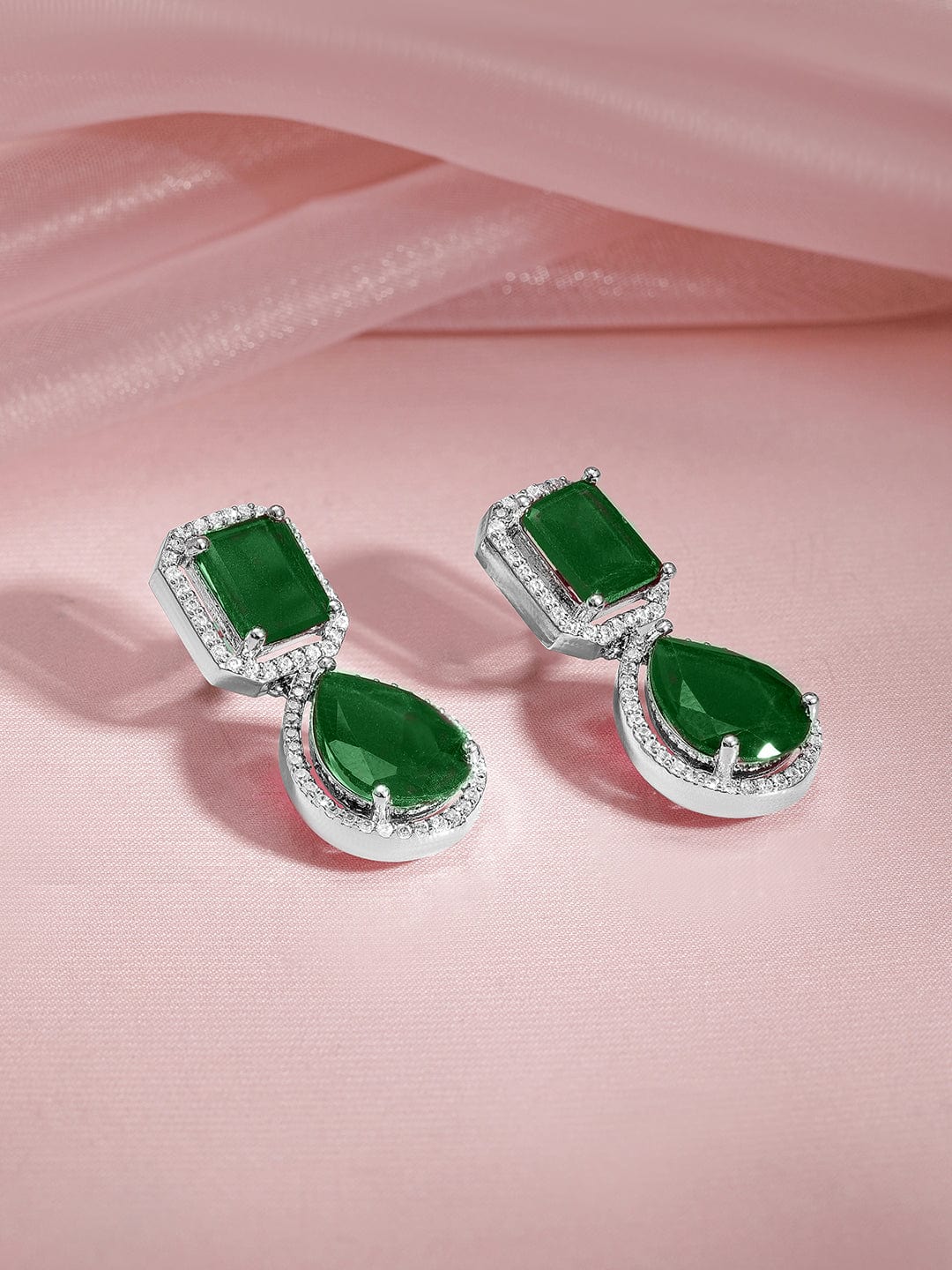 Rubans Rhodium-Plated Emerald Green & Cubic Zirconia Studded Premium Drop Earrings Earrings