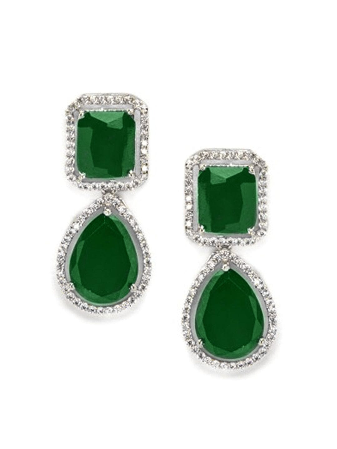 Rubans Rhodium-Plated Emerald Green & Cubic Zirconia Studded Premium Drop Earrings Earrings