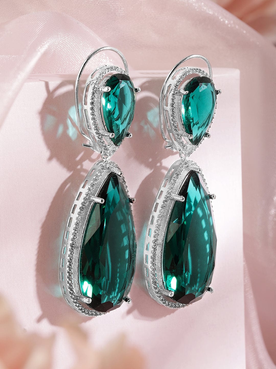 Rubans Rhodium-Plated Emerald Green & Cubic Zirconia Studded Premium Drop Earrings Earrings