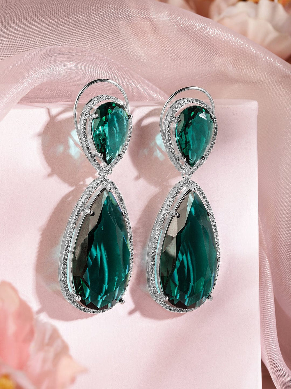 Rubans Rhodium-Plated Emerald Green & Cubic Zirconia Studded Premium Drop Earrings Earrings