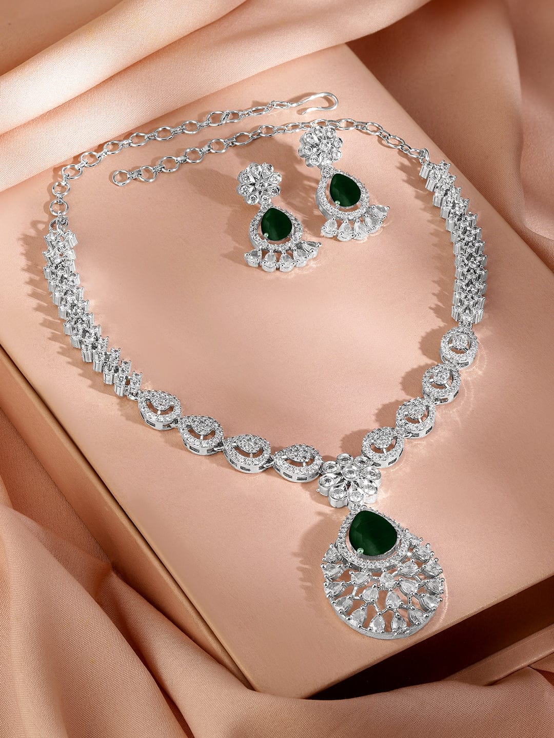 Rubans Rhodium-Plated Emerald Green Cubic Zirconia Studded Statement Necklace Set Jewellery Set