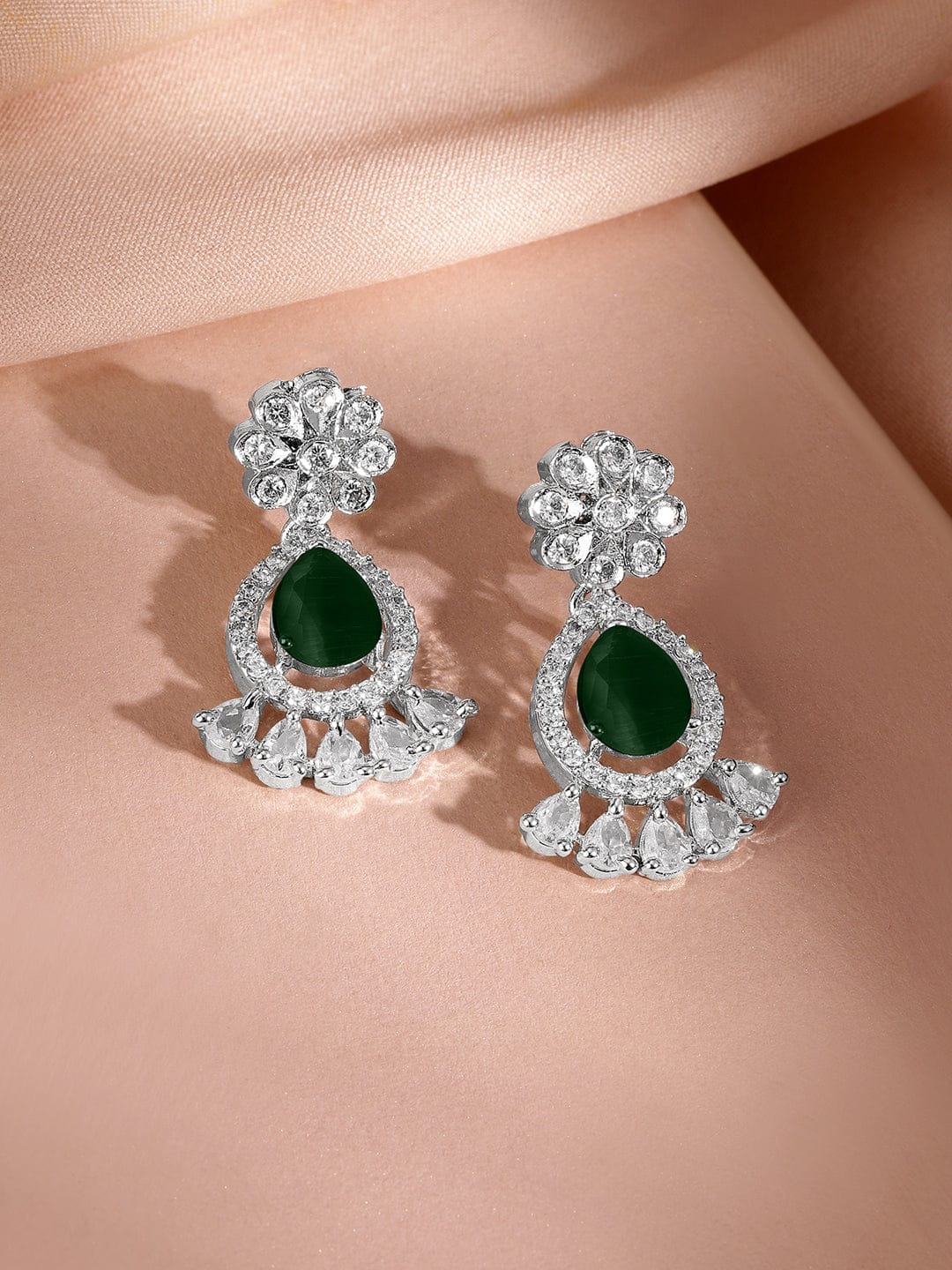 Rubans Rhodium-Plated Emerald Green Cubic Zirconia Studded Statement Necklace Set Jewellery Set