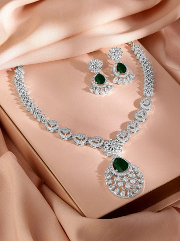 Rubans Rhodium-Plated Emerald Green Cubic Zirconia Studded Statement Necklace Set Jewellery Set