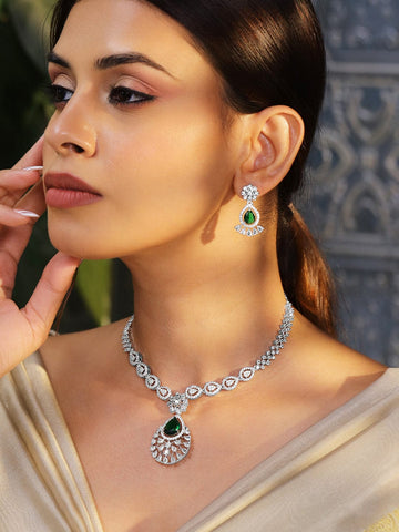 Rubans Rhodium-Plated Emerald Green Cubic Zirconia Studded Statement Necklace Set Necklace Set
