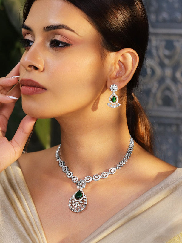 Rubans Rhodium-Plated Emerald Green Cubic Zirconia Studded Statement Necklace Set Necklace Set