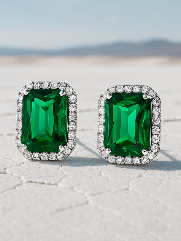 Rubans Rhodium-Plated Emerald Green & Cubic Zirconia Studded Statement Studs Earrings Earrings