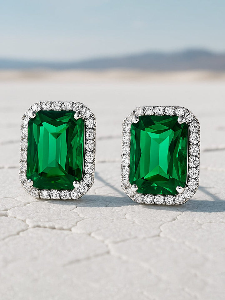 Rubans Rhodium-Plated Emerald Green & Cubic Zirconia Studded Statement Studs Earrings Earrings