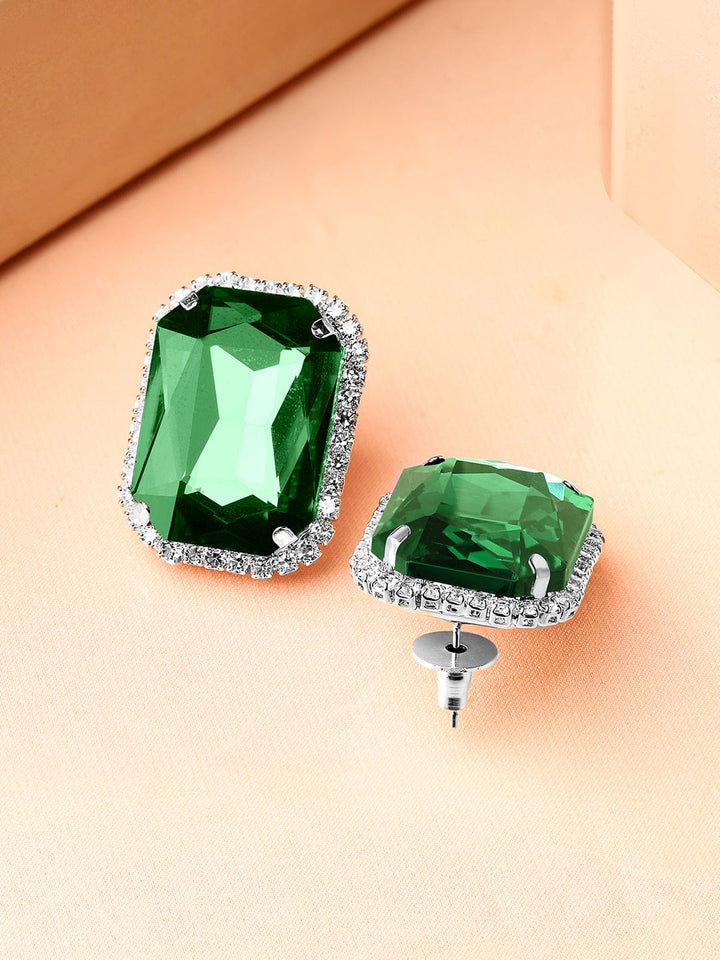 Rubans Rhodium-Plated Emerald Green & Cubic Zirconia Studded Statement Studs Earrings Earrings