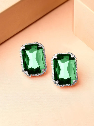 Rubans Rhodium-Plated Emerald Green & Cubic Zirconia Studded Statement Studs Earrings Earrings