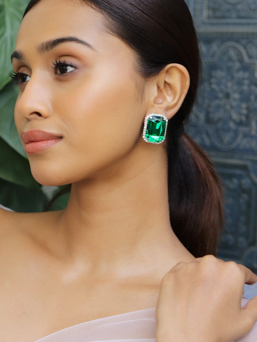 Rubans Rhodium-Plated Emerald Green & Cubic Zirconia Studded Statement Studs Earrings Earrings