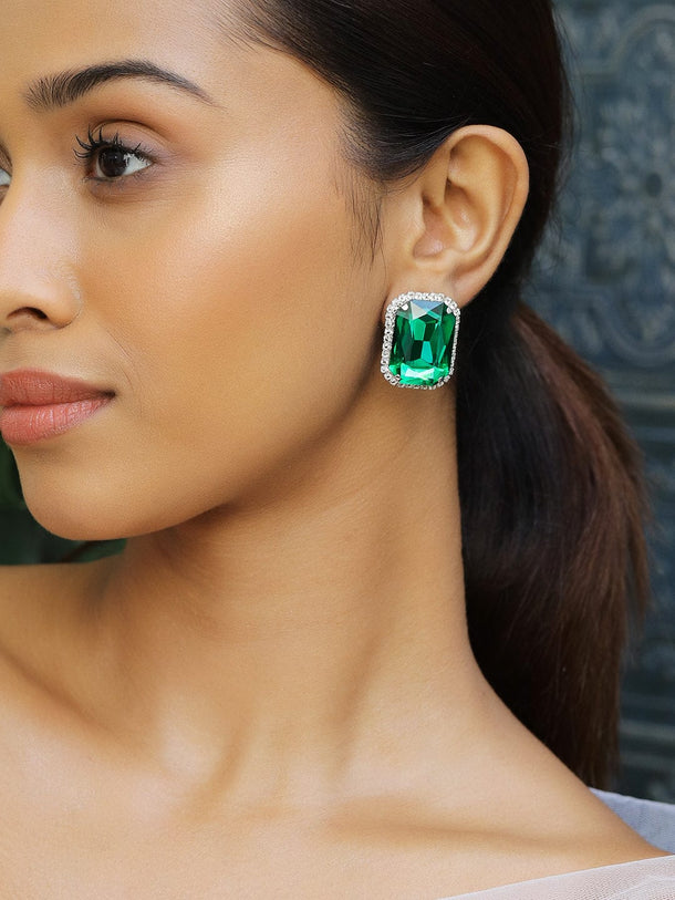 Rubans Rhodium-Plated Emerald Green & Cubic Zirconia Studded Statement Studs Earrings Earrings